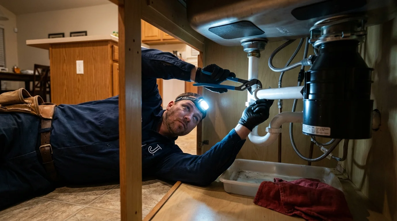 P-trap and supply line connections under a kitchen sink showing a common leak point in Anthony, KS